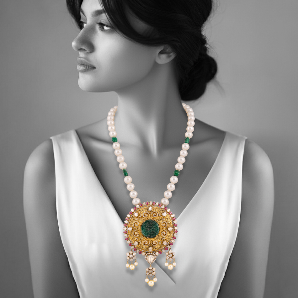 Carved Emerald Pendant Necklace with Rubies and South Sea Pearls